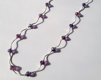 Purple Beaded Necklace with Silver wavy tubes, indigo and violet crystal beads