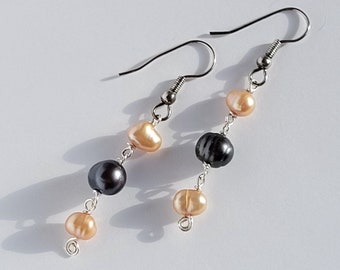 Pearl dangle earrings with champagne and indigo pearls, birthstone jewelry, June birthstone