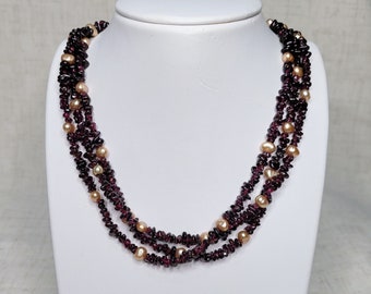 Garnet and pearl necklace, 3 strand necklace, birthstone jewelry for January birthdays and June birthdays, birthstone gift