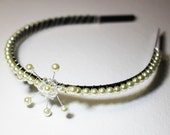 Pearl and crystal beaded hairband with wire wrapped flower