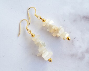 White moonstone beaded earrings with white moonstone chips and gold beads