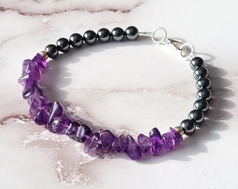 Amethyst and hematite bracelet, February birthstone jewelry, birthstone gift ideas, ships quickly