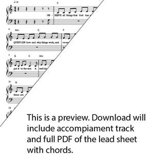 May include: Sheet music titled "The Scientific Method" with musical notes and lyrics. The text includes "A Children's memory aide song" and "Lyrics by Jennifer Hobson." The bottom text reads "This is a preview. Download will include accompaniment track and full PDF of the lead sheet with chords."