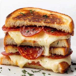 Puede incluir: Un s&aacute;ndwich de queso a la parrilla con pepperoni y queso derretido. El s&aacute;ndwich est&aacute; cortado por la mitad y el queso se derrite.