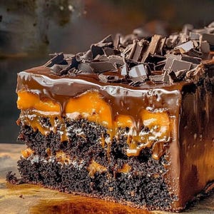 Puede incluir: Una porci&oacute;n de pastel de chocolate con capas de caramelo y ganache de chocolate. El pastel est&aacute; cubierto con trozos de chocolate negro y tiene un glaseado brillante y goteante. El pastel est&aacute; sobre una superficie de madera.