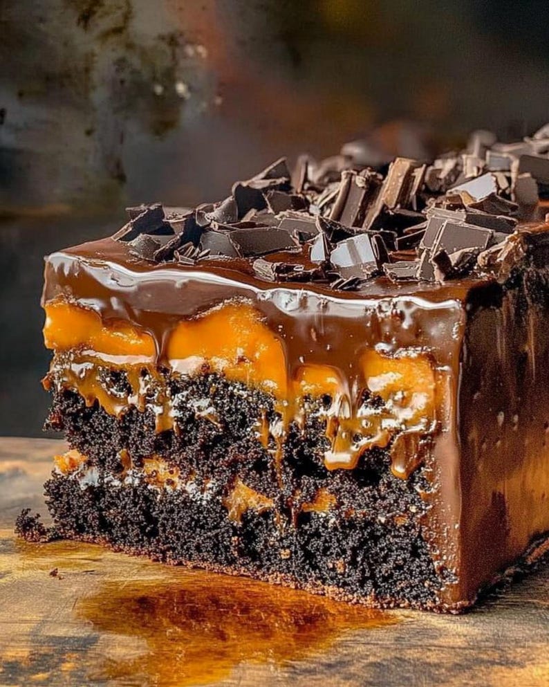 Puede incluir: Una porci&oacute;n de pastel de chocolate con capas de caramelo y ganache de chocolate. El pastel est&aacute; cubierto con trozos de chocolate negro y tiene un glaseado brillante y goteante. El pastel est&aacute; sobre una superficie de madera.