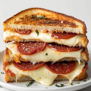 May include: A grilled cheese sandwich with melted cheese and pepperoni slices. The sandwich is cut in half and stacked on a white plate.