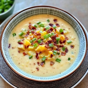 May include: A creamy potato soup in a patterned bowl, garnished with diced potatoes, crispy bacon bits, and fresh green chives. The soup has a thick, smooth texture and a light beige color, with a few visible chunks of potato.