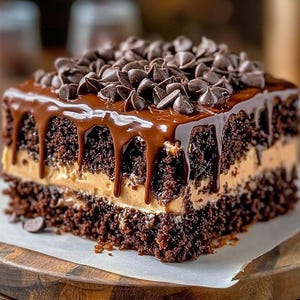 Puede incluir: Un pastel de chocolate cuadrado con relleno de crema de cacahuete, cubierto con ganache de chocolate y chispas de chocolate. El pastel est&aacute; sobre una tabla de madera, con chispas de chocolate esparcidas alrededor. El pastel es de color marr&oacute;n oscuro.