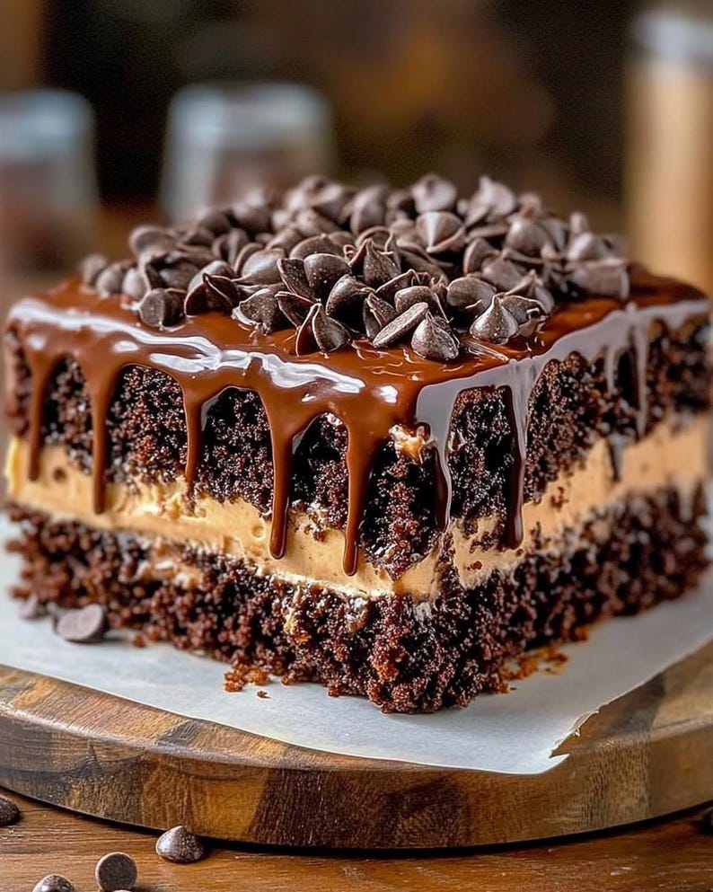 Puede incluir: Un pastel de chocolate cuadrado con relleno de crema de cacahuete, cubierto con ganache de chocolate y chispas de chocolate. El pastel est&aacute; sobre una tabla de madera, con chispas de chocolate esparcidas alrededor. El pastel es de color marr&oacute;n oscuro.