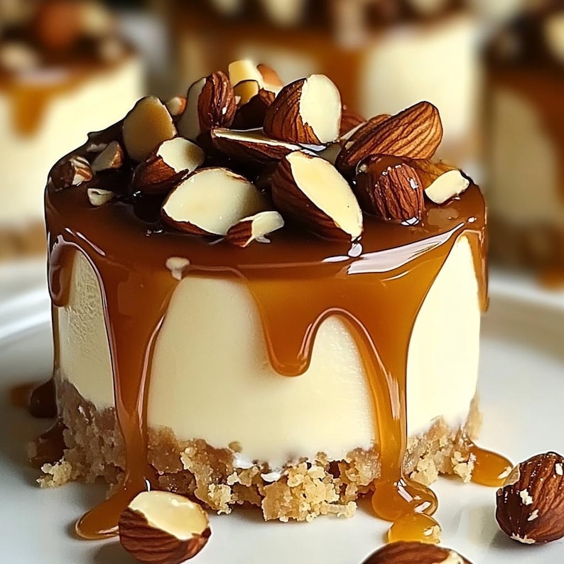 May include: A small, round cheesecake topped with a layer of caramel sauce and sliced almonds. The cheesecake is on a white plate with a few almonds scattered around it.