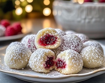 Receta de galletas de nieve de almendras y frambuesa, imprimir receta, cocinar hornear postre, receta fácil, chef de postres, receta familiar, receta sencilla