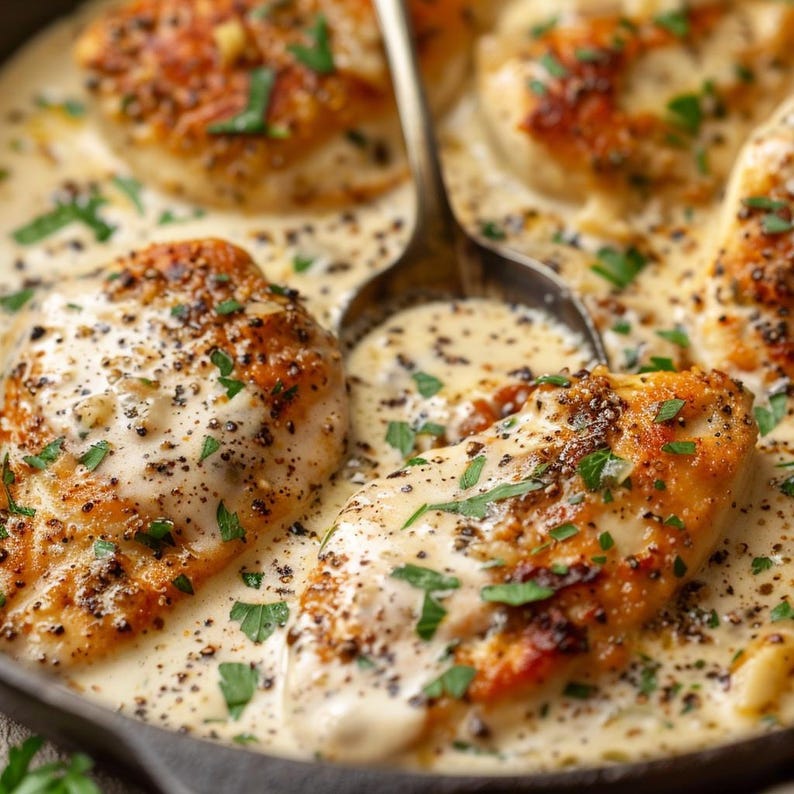 May include: Close-up of a skillet filled with creamy chicken in a white sauce, topped with fresh parsley and black pepper. The chicken is cooked to perfection and the sauce is rich and flavorful.
