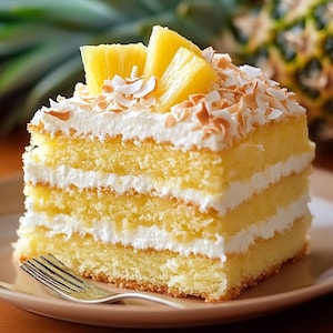 May include: A three-layer cake with white frosting and coconut flakes. The cake is topped with pineapple slices.