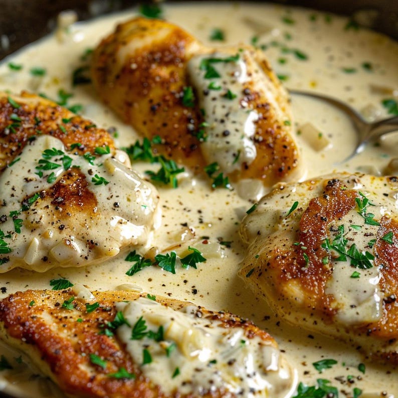 May include: Close-up of four chicken breasts in a creamy white sauce with fresh parsley and black pepper. The chicken is golden brown and the sauce is thick and glossy.