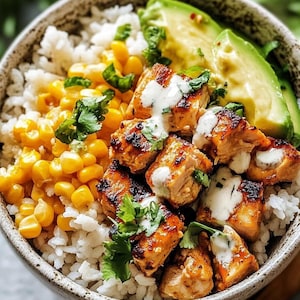 Receita de Tigela de Frango com Milho de Rua - Jantar Fácil, Preparação de Refeições Saudáveis, Download em PDF de Tigela de Inspiração Mexicana, Cartão de Receita para Imprimir