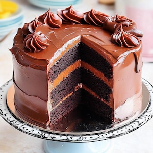 May include: A chocolate cake with a slice removed, revealing layers of dark cake and orange filling. The cake is covered in chocolate frosting and decorated with chocolate swirls. It sits on a white and silver cake stand with a light blue base.