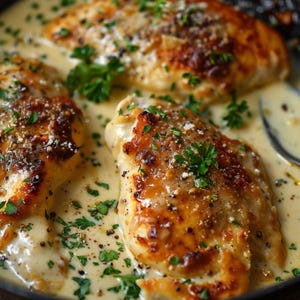 May include: Close-up of three chicken breasts in a creamy sauce with fresh parsley and black pepper. The chicken is golden brown and the sauce is thick and creamy.