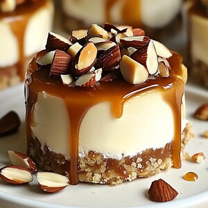 May include: A small, individual cheesecake topped with caramel sauce and sliced almonds. The cheesecake is on a white plate.