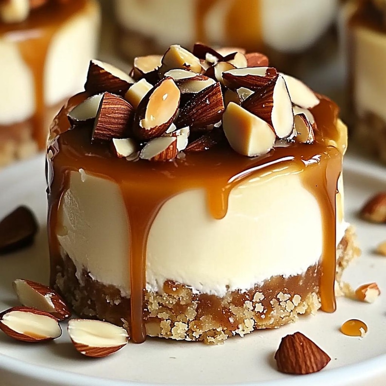 May include: A small, individual cheesecake topped with caramel sauce and sliced almonds. The cheesecake is on a white plate.
