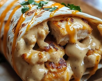 May include: A white tortilla wrap filled with chicken, cheese, and a creamy sauce. The wrap is topped with a bright orange sauce.