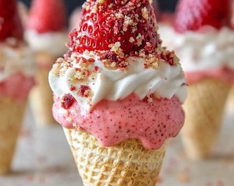 Conos de tarta de queso con fresas crujientes, receta de mamá, chef de postres, plato familiar, descarga de recetas, receta sencilla, receta fácil, cocinar, hornear, postre