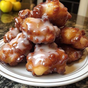 May include: A plate of apple fritters, deep-fried dough with a sweet glaze, piled high on a white plate with a gold rim.