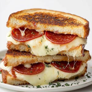 Puede incluir: Un s&aacute;ndwich de queso a la parrilla con queso mozzarella derretido y rodajas de pepperoni. El s&aacute;ndwich est&aacute; cortado por la mitad y el queso se derrite.