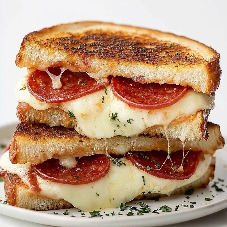 Puede incluir: Un s&aacute;ndwich de queso a la parrilla con queso mozzarella derretido y rodajas de pepperoni. El s&aacute;ndwich est&aacute; cortado por la mitad y el queso se derrite.