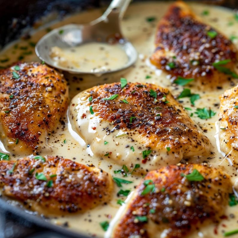 May include: A close-up of a skillet filled with creamy chicken in a white sauce. The chicken is browned and seasoned with herbs and spices. The sauce is thick and creamy, and there are sprigs of parsley scattered throughout.