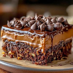 Puede incluir: Una porci&oacute;n de pastel de chocolate con m&uacute;ltiples capas de glaseado de chocolate y chispas de chocolate. El pastel est&aacute; sobre un plato marr&oacute;n y sobre una superficie de madera.