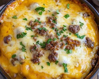 Cheesy Hamburger Potato Casserole, family recipe, recipe print out, party recipe, handwritten recipe, simple recipe, breakfast casserole