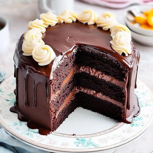 May include: A layered chocolate cake with a rich chocolate ganache glaze and buttercream frosting. The cake has a slice cut out, revealing the chocolate filling between the layers. The cake sits on a decorative plate.