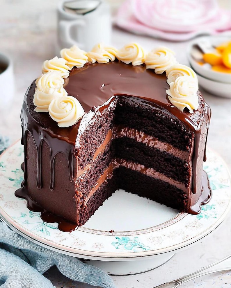 May include: A layered chocolate cake with a rich chocolate ganache glaze and buttercream frosting. The cake has a slice cut out, revealing the chocolate filling between the layers. The cake sits on a decorative plate.