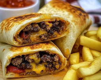 Receta de wraps de hamburguesa con queso caseros, receta fácil, receta sencilla, descarga de recetas, carne molida, cena entre semana, receta familiar, comida rápida
