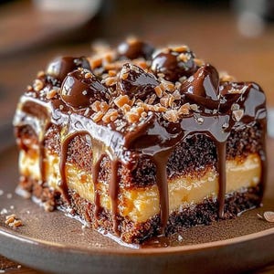 Puede incluir: Una porci&oacute;n de pastel de chocolate en capas con relleno de caramelo, cubierta con salsa de chocolate, caramelos de chocolate y trozos de toffee. El pastel est&aacute; sobre un plato marr&oacute;n.