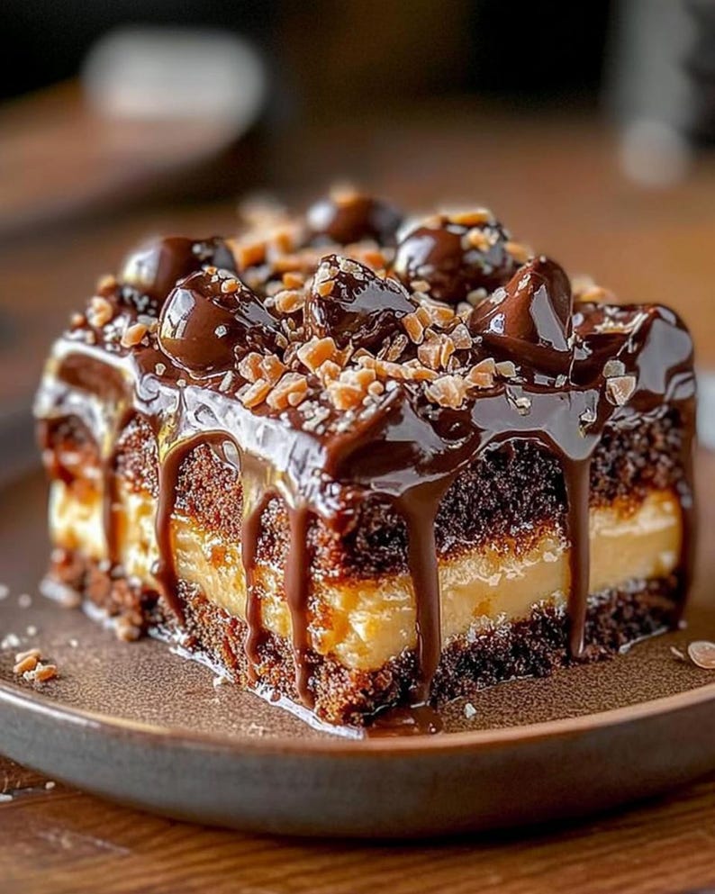 Puede incluir: Una porci&oacute;n de pastel de chocolate en capas con relleno de caramelo, cubierta con salsa de chocolate, caramelos de chocolate y trozos de toffee. El pastel est&aacute; sobre un plato marr&oacute;n.