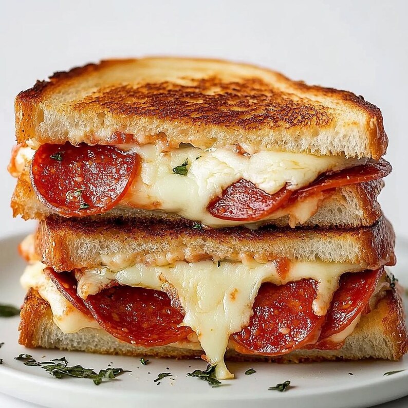 Puede incluir: Un s&aacute;ndwich de queso a la parrilla con queso derretido y rodajas de pepperoni. El s&aacute;ndwich est&aacute; cortado por la mitad y el interior es visible.