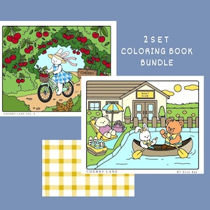 May include: A 2 set coloring book bundle featuring two illustrated scenes. One shows a rabbit on a bicycle in a cherry orchard, labeled Cherry Lane Vol. 2. The other shows a cat and bear at a boat club, labeled Cherry Lane by Olive Rae.