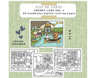 Cherry Lane Coloring Book – Whimsical Animal Cozy Scenes – Instant Downloads PDF