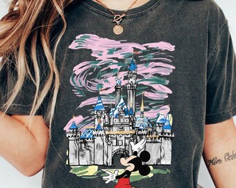 Retro Mickey Watercolor Castle Shirt, Disneyland Trip Vacation Gift, Disneyland Fairytale Disney Castle Comfort Colors Tee