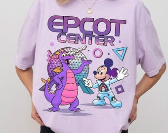 Camiseta retrô do Figment e Mickey Mouse do Epcot, camiseta de viagem à Disney, camiseta de viagem ao Epcot, camiseta infantil da Disney World, camiseta infantil com dragão roxo da Disney.