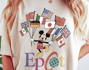 Camiseta Comfort Colors® Epcot con banderas de Mickey y las naciones, estilo vintage de los años 90, unisex, de WDW, para el tour mundial de Disney Epcot y para viajes familiares a Disneyland.