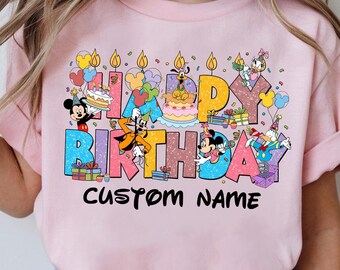 Custom Disney Birthday Shirt, Personalized Happy Birthday Shirt, Disney Characters Birthday Gift, Kids Birthday Party Tee, Custom Name Tee