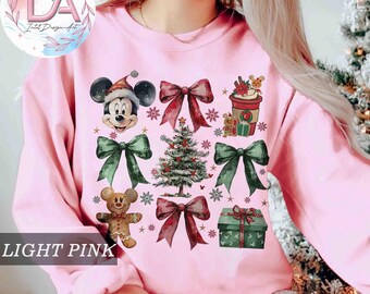 Camiseta de Natal com laços retrô da Disney Coquette, camiseta da Festa de Natal 2025 do Mickey, camiseta com biscoito de gengibre da Disney, camiseta com café natalino