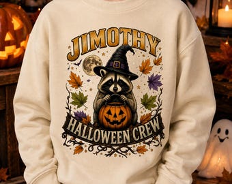 Gepersonaliseerd Halloween-sweatshirt met ronde hals, T-shirt met naam en naam, wasbeer-heksenhoed, T-shirt voor kinderen met pompoenmotief, cadeau voor de herfst met dierenthema