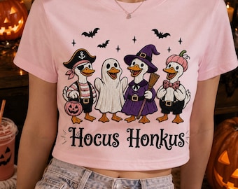 Hocus Honkus shirt, grappig Halloween-shirt met eendjes, topje met heks, spook, piraat en eendje, geborduurd griezelig herfstcadeau in comfortabele kleuren voor haar