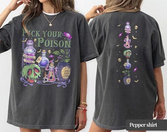 Camiseta vintage "Elige tu veneno", camiseta retro de villano de dibujos animados para Halloween, top para la temporada de Halloween, camiseta de Kuzco "Manzana envenenada", camiseta de princesa para Halloween