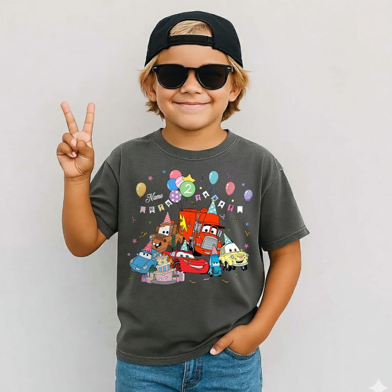 Personalized Disney Cars Birthday Boy Shirt, Birthday Girl Gift, Lightning McQueen Mater Hudson Sally Cars Birthday Boy Tee, Cars Land Trip image 3