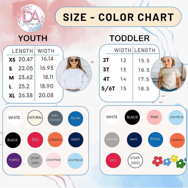 May include: Size and color chart for youth and toddler apparel. Includes measurements in inches for various sizes, along with a color palette featuring white, black, red, orange, and more. The text "DA Jatt Design Art" is at the top left.